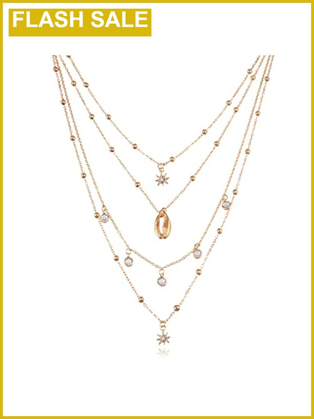 Boho Vintage Gold Tone Layered Necklace Satellite Chain Rhinestone Cowrie Shell